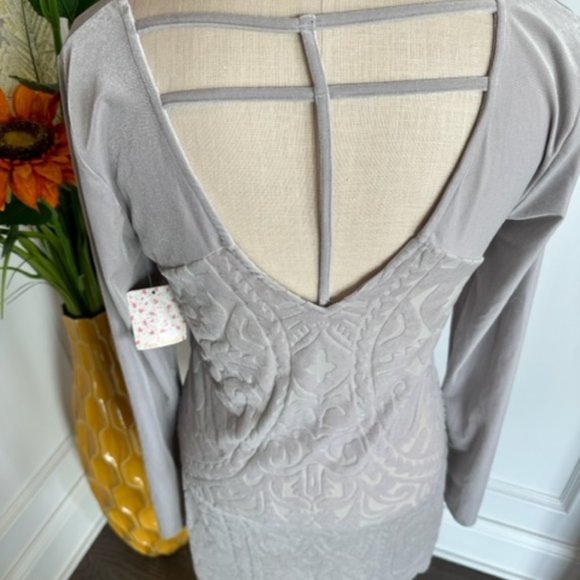 Free People NWT Silver Gray Damask Pattern Velour Dress - Picture 8 of 16